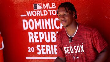 SANTO DOMINGO, DOMINICAN REPUBLIC - MARCH 10: Brayan Bello #66 of the Boston Red Sox sits in the dugout prior to a game against the Tampa Bay Rays at Estadio Quisqueya on March 10, 2024 in Santo Domingo, Dominican Republic.   Bryan M. Bennett/Getty Images/AFP (Photo by Bryan M. Bennett / GETTY IMAGES NORTH AMERICA / Getty Images via AFP)