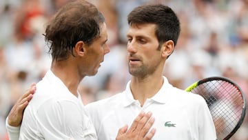 Rafa Nadal and Novak Djokovic after an epic five-set Wimbledon semi-final was edged by the Serb in 2018.