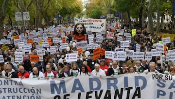 Demonstrators march during a demonstration called by citizens under the slogan "Madrid stands up for its public health. Against the destruction of primary health care" in Madrid on November 13, 2022. (Photo by OSCAR DEL POZO / AFP) (Photo by OSCAR DEL POZO/AFP via Getty Images)