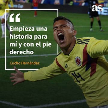 La emoción de Juan Camilo 'Cucho' Hernández luego de anotar un doblete en su primer partido con la Selección Colombia