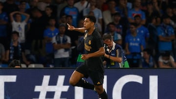 Soccer Football - Champions League - Group C - Napoli v Real Madrid - Stadio Diego Armando Maradona, Naples, Italy - October 3, 2023 Real Madrid's Jude Bellingham celebrates scoring their second goal REUTERS/Ciro De Luca