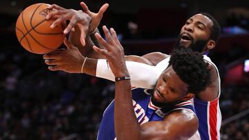 DETROIT, MI - OCTOBER 23: Andre Drummond #0 of the Detroit Pistons battles for the ball with Joel Embiid #21 of the Philadelphia 76ers during the second half at Little Caesars Arena on October 23, 2018 in Detroit, Michigan. Detroit won the game 133-132 in overtime. NOTE TO USER: User expressly acknowledges and agrees that, by downloading and or using this photograph, User is consenting to the terms and conditions of the Getty Images License Agreement.   Gregory Shamus/Getty Images/AFP
 == FOR NEWSPAPERS, INTERNET, TELCOS &amp; TELEVISION USE ONLY ==