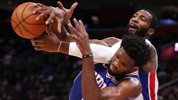 DETROIT, MI - OCTOBER 23: Andre Drummond #0 of the Detroit Pistons battles for the ball with Joel Embiid #21 of the Philadelphia 76ers during the second half at Little Caesars Arena on October 23, 2018 in Detroit, Michigan. Detroit won the game 133-132 in overtime. NOTE TO USER: User expressly acknowledges and agrees that, by downloading and or using this photograph, User is consenting to the terms and conditions of the Getty Images License Agreement. Gregory Shamus/Getty Images/AFP
== FOR NEWSPAPERS, INTERNET, TELCOS & TELEVISION USE ONLY ==