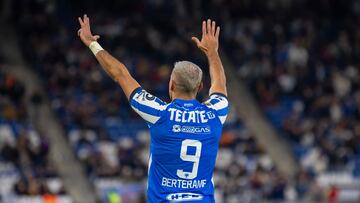 Monterrey's Argentine forward German Berterame celebrates after scoring his team's second goal during the Mexican Apertura tournament football match between Monterrey and Necaxa at BBVA Bancomer stadium in Monterrey, Mexico, on October 31, 2023. (Photo by Julio Cesar AGUILAR / AFP)