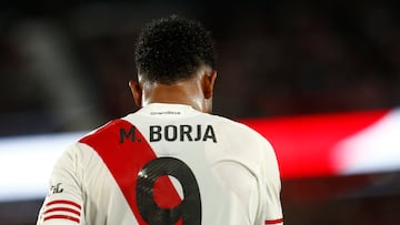 BUENOS AIRES, ARGENTINA - NOVEMBER 2: Miguel Borja of River Plate runs on the field during a Torneo Clausura Betano 2025 match between River Plate and Gimnasia y Esgrima La Plata at Estadio Mas Monumental Antonio Vespucio Liberti on November 2, 2025 in Buenos Aires, Argentina. (Photo by Marcos Brindicci/Getty Images)