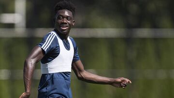 Vancouver Whitecaps MLS soccer team midfielder Alphonso Davies smiles during practice in Vancouver, Monday, July 23, 2018. (Darryl Dyck/The Canadian Press via AP)