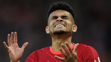 (FILES) Liverpool's Colombian midfielder Luis Diaz reacts during the UEFA Champions League semi-final first leg football match between Liverpool and Villarreal, at the Anfield Stadium, in Liverpool, on April 27, 2022. The mother of Colombian footballer Luis Diaz, who plays for Liverpool of England, was rescued on October 28, 2023, after the authorities reported the kidnapping of his parents in the department of Guajira (north), said President Gustavo Petro. (Photo by Oli SCARFF / AFP)