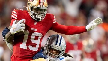 October 8, 2023; Santa Clara, California, USA; San Francisco 49ers wide receiver Deebo Samuel (19) is tackled by Dallas Cowboys cornerback Stephon Gilmore (21) during the third quarter at Levi's Stadium. Mandatory Credit: Kyle Terada-USA TODAY Sports