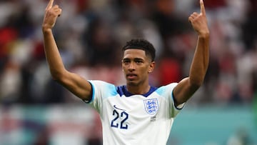 AL KHOR, QATAR - DECEMBER 04:   Jude Bellingham of England reacts at the end of the FIFA World Cup Qatar 2022 Round of 16 match between England and Senegal at Al Bayt Stadium on December 4, 2022 in Al Khor, Qatar. (Photo by Chris Brunskill/Fantasista/Getty Images)