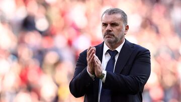 Tottenham Hotspur's Greek-Australian Head Coach Ange Postecoglou applauds the fans following the English Premier League football match between Liverpool and Tottenham Hotspur at Anfield in Liverpool, north west England on May 5, 2024. Liverpool won the match 4-2. (Photo by Darren Staples / AFP) / RESTRICTED TO EDITORIAL USE. No use with unauthorized audio, video, data, fixture lists, club/league logos or 'live' services. Online in-match use limited to 120 images. An additional 40 images may be used in extra time. No video emulation. Social media in-match use limited to 120 images. An additional 40 images may be used in extra time. No use in betting publications, games or single club/league/player publications. / 