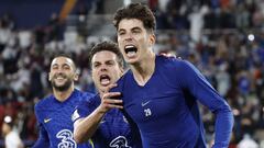 Soccer Football - Club World Cup - Final - Chelsea v Palmeiras - Mohammed Bin Zayed Stadium, Abu Dhabi, United Arab Emirates - February 12, 2022  Chelsea&#039;s Kai Havertz celebrates scoring their second goal with Cesar Azpilicueta REUTERS/Suhaib Salem