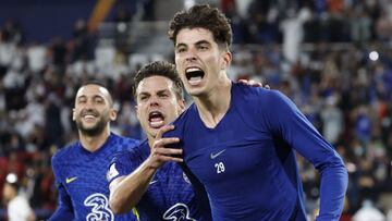 Soccer Football - Club World Cup - Final - Chelsea v Palmeiras - Mohammed Bin Zayed Stadium, Abu Dhabi, United Arab Emirates - February 12, 2022 Chelsea's Kai Havertz celebrates scoring their second goal with Cesar Azpilicueta REUTERS/Suhaib Salem