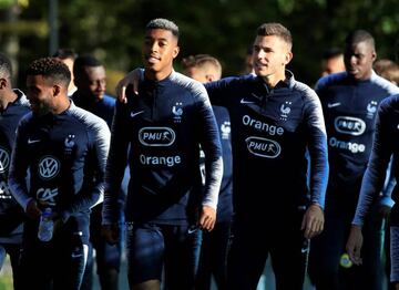 Lucas Hernández (second right) on international duty with France this week.