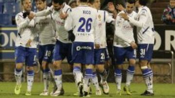 Los jugadores del Zaragoza celebran el primer gol en su victoria por 2-0 sobre el Leganés en la primera vuelta.