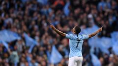 MANCHESTER, ENGLAND - APRIL 17:  Raheem Sterling of Manchester City celebrates after scoring his team&#039;s first goal during the UEFA Champions League Quarter Final second leg match between Manchester City and Tottenham Hotspur at at Etihad Stadium on A