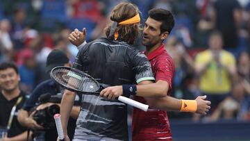 SHANGHAI, CHINA - OCTOBER 11:  Novak Djokovic of Serbia congratulates to Stefanos Tsitsipas of Greece 
 after during the Men&#039;s singles Quarterfinals of 2019 Rolex Shanghai Masters day seven at Qi Zhong Tennis Centre on October 11, 2019 in Shanghai, C