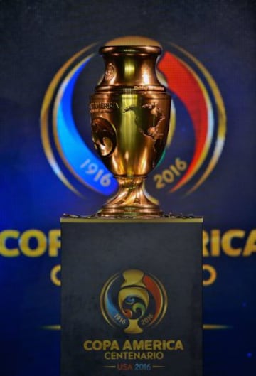 The Copa America Centenario trophy is displayed at a ceremony in Bogota, Colombia, on April 28, 2016.  / AFP PHOTO / GUILLERMO LEGARIA