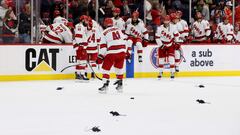 The Carolina Hurricanes react after being defeated by the Florida Panthers in Game Three of the Eastern Conference Final of the 2023 Stanley Cup Playoffs