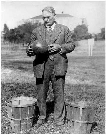 Dr. Naismith with the only equipment you needed to play basketball back in 1891