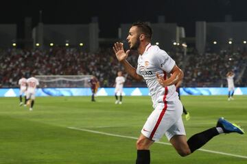 Sevilla's Spanish midfielder Pablo Sarabia reacts after his goal was flagged for an offside before being overruled during the Spanish Super Cup final between Sevilla and FC Barcelona at Ibn Batouta stadium in the Moroccan city of Tangiers on August 12, 20