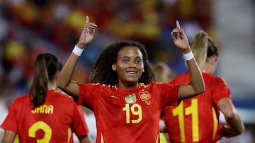 Soccer Football - Women's International Friendly - Spain v Japan - Estadio Municipal de Butarque, Leganes, Spain - June 27, 2025 Spain's Vicky Lopez celebrates scoring their second goal REUTERS/Juan Medina