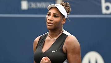 Aug 8, 2022; Toronto, ON, Canada;  Serena Williams (USA) reacts after defeating Nuria Parrizas Diaz (ESP) in first round play in the National Bank Open at Sobeys Stadium. Mandatory Credit: Dan Hamilton-USA TODAY Sports