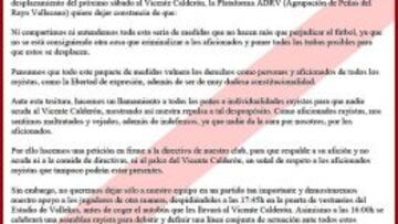 Las peñas del Rayo proponen a sus hinchas no ir al Calderón