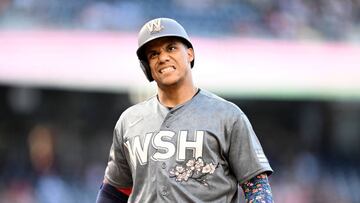 WASHINGTON, DC - MAY 28: Juan Soto #22 of the Washington Nationals reacts to a called strike in the third inning against the Colorado Rockies during game two of a doubleheader  at Nationals Park on May 28, 2022 in Washington, DC. (Photo by Greg Fiume/Getty Images)