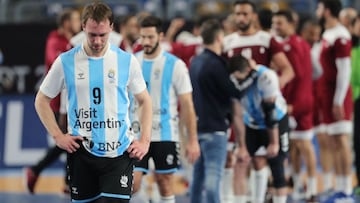 Handball - 2021 IHF Handball World Championship - Main Round Group 2 - Argentina v Qatar - Cairo Stadium Hall 1, Cairo, Egypt - January 25, 2021  Argentina&#039;s Santiago Baronetto reacts after the match