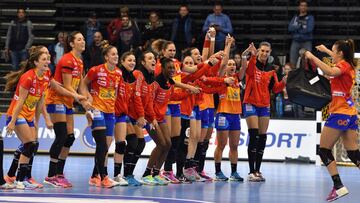 Spain players celebrating after their victory at the women&#039;s handball world championships match between Spain and Angola at the Arena Trier in Trier, Germany, 2 December 2017. The game ended 28:24. Photo: Harald Tittel/dpa (Photo by Harald Tittel/picture alliance via Getty Images)