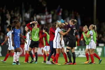 The England team celebrate victory after the UEFA Women's Euro 2017 Quarter Final match against France.