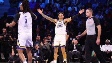 SAN FRANCISCO, CALIFORNIA - FEBRUARY 14: Keyonte George #3 of the Utah Jazz and Team C reacts after Team C beat Team T during the 2025 NBA All-Star Rising Stars Game at Chase Center on February 14, 2025 in San Francisco, California. NOTE TO USER: User expressly acknowledges and agrees that, by downloading and or using this photograph, User is consenting to the terms and conditions of the Getty Images License Agreement. Ezra Shaw/Getty Images/AFP (Photo by EZRA SHAW / GETTY IMAGES NORTH AMERICA / Getty Images via AFP)