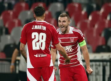 Soccer Football - Champions League - Brest v SK Sturm Graz -  Roudourou Stadium, Guingamp, France - September 19, 2024 Brest's Jonas Martin celebrates after Brest win the match REUTERS/Stephane Mahe