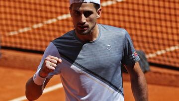 Tennis - Madrid Open - Park Manzanares, Madrid, Spain - May 1, 2023 Argentina's Pedro Cachin celebrates after winning his round of 32 match against Frances Tiafoe of the U.S. REUTERS/Isabel Infantes