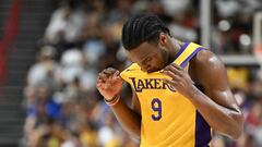 LAS VEGAS, NEVADA - JULY 12: Bronny James Jr. #9 of the Los Angeles Lakers looks on during the second half of a 2024 NBA Summer League game against the Houston Rockets at the Thomas & Mack Center on July 12, 2024 in Las Vegas, Nevada. The Rockets defeated the Lakers 99-80. NOTE TO USER: User expressly acknowledges and agrees that, by downloading and or using this photograph, User is consenting to the terms and conditions of the Getty Images License Agreement.   Candice Ward/Getty Images/AFP (Photo by Candice Ward / GETTY IMAGES NORTH AMERICA / Getty Images via AFP)