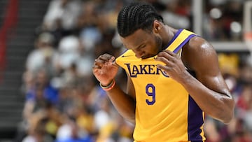 LAS VEGAS, NEVADA - JULY 12: Bronny James Jr. #9 of the Los Angeles Lakers looks on during the second half of a 2024 NBA Summer League game against the Houston Rockets at the Thomas & Mack Center on July 12, 2024 in Las Vegas, Nevada. The Rockets defeated the Lakers 99-80. NOTE TO USER: User expressly acknowledges and agrees that, by downloading and or using this photograph, User is consenting to the terms and conditions of the Getty Images License Agreement. Candice Ward/Getty Images/AFP (Photo by Candice Ward / GETTY IMAGES NORTH AMERICA / Getty Images via AFP)