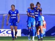 Lizbeth Angeles celebrates her goal 10 with Deneisha Blackwood and Ana Martinez of Cruz Azul during the 6th round match between Cruz Azul and Monterrey as part of the Liga BBVA MX Femenil, Torneo Apertura 2025 at La Noria Stadium, on August 12, 2025 in Mexico City, Mexico.