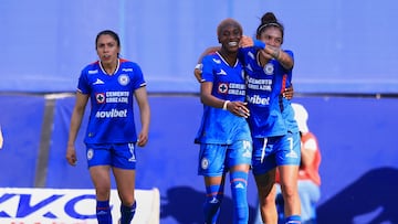 Lizbeth Angeles celebrates her goal 10 with Deneisha Blackwood and Ana Martinez of Cruz Azul during the 6th round match between Cruz Azul and Monterrey as part of the Liga BBVA MX Femenil, Torneo Apertura 2025 at La Noria Stadium, on August 12, 2025 in Mexico City, Mexico.
