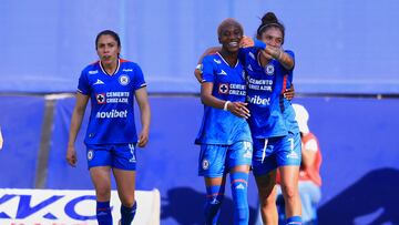 Lizbeth Angeles celebrates her goal 10 with Deneisha Blackwood and Ana Martinez of Cruz Azul during the 6th round match between Cruz Azul and Monterrey as part of the Liga BBVA MX Femenil, Torneo Apertura 2025 at La Noria Stadium, on August 12, 2025 in Mexico City, Mexico.