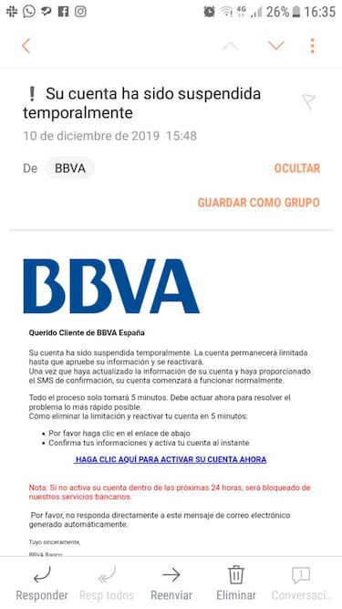 Cuidado! BBVA no ha desactivado tu cuenta, es una estafa