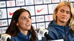 United States forward Alex Morgan (L) and midfielder Lindsey Horan (R)  speak during a press conference for the 2023 FIFA Women�s World Cup United States Women�s National Soccer Team (USWNT) Media Day at Dignity Health Sports Part in Carson, California on June 27, 2023. (Photo by Patrick T. Fallon / AFP)
