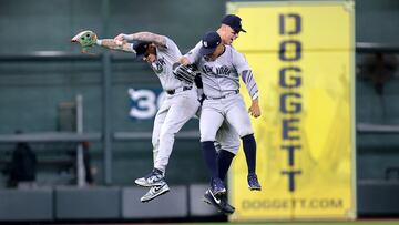 Mar 31, 2024; Houston, Texas, USA; The New York Yankees outfielders celebrate after the final out against the Houston Astros during the ninth inning at Minute Maid Park. Mandatory Credit: Erik Williams-USA TODAY Sports