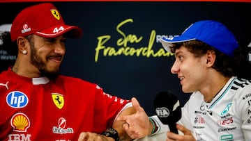 Kimi Antonelli y Lewis Hamilton en la rueda de prensa previa al GP de Bélgica