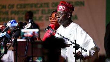 FILE PHOTO: Nigeria's newly declared winner of 2023 presidential election, Bola Tinubu speaks at the National Collation Centre in Abuja, Nigeria, March 1, 2023. REUTERS/Esa Alexander/File Photo