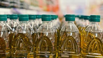 Olive oil bottles on rack at store