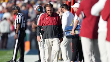 Jan 1, 2024; Pasadena, CA, USA; Alabama Crimson Tide head coach Nick Saban walks the sideline during the first half against the Michigan Wolverines in the 2024 Rose Bowl college football playoff semifinal game at Rose Bowl. Mandatory Credit: Kirby Lee-USA TODAY Sports