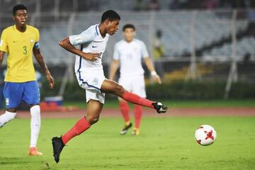 England's Rhian Brewster sticks it away against Brazil during the semi-final of the Fifa U-17 World Cup.