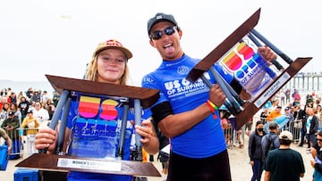 HUNTINGTON BEACH, CALIFORNIA, USA - SEPTEMBER 26: Griffin Colapinto and Caitlin Simmers of the USA are the 2021 US Open of Surfing Champions the Final of the US Open of Surfing Huntington Beach presented by Shiseido on September 26, 2021 at Huntington Bea