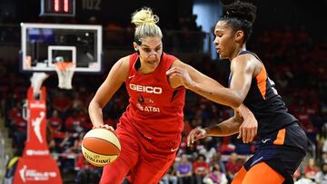 Sep 29, 2019; Washington, DC, USA; Washington Mystics forward Elena Delle Donne (11) dribbles by Connecticut Sun forward Alyssa Thomas (25) during the first half in game one of the 2019 WNBA Finals at The Entertainment and Sports Arena. Mandatory Credit: Brad Mills-USA TODAY Sports