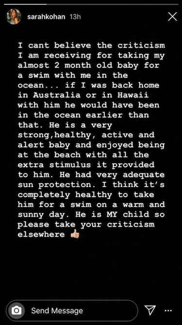 Sarah Kohan responde críticas por llevar a su bebé a la playa